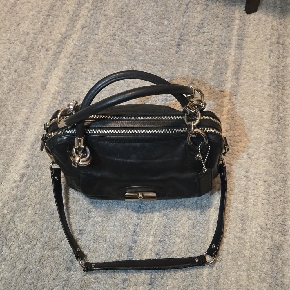 COACH #F22304 Kristen Black Leather Double-Zip Satchel Shoulder Bag.